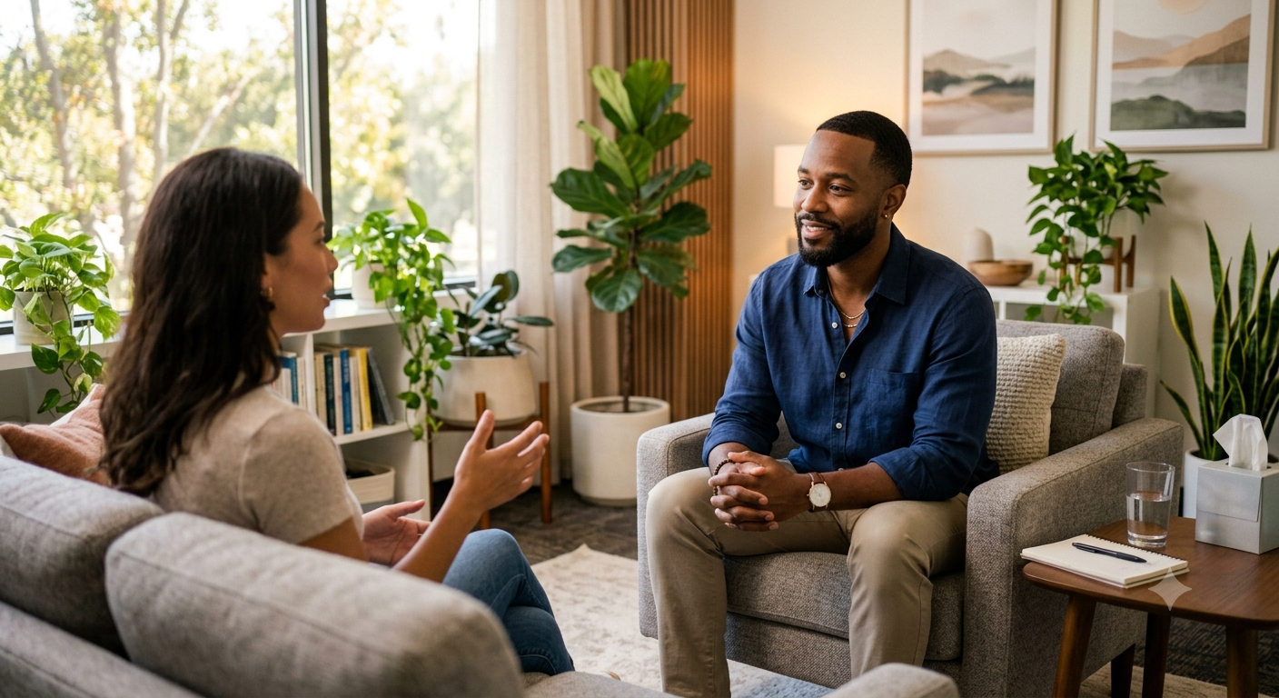 Therapist and client in a warm, welcoming session